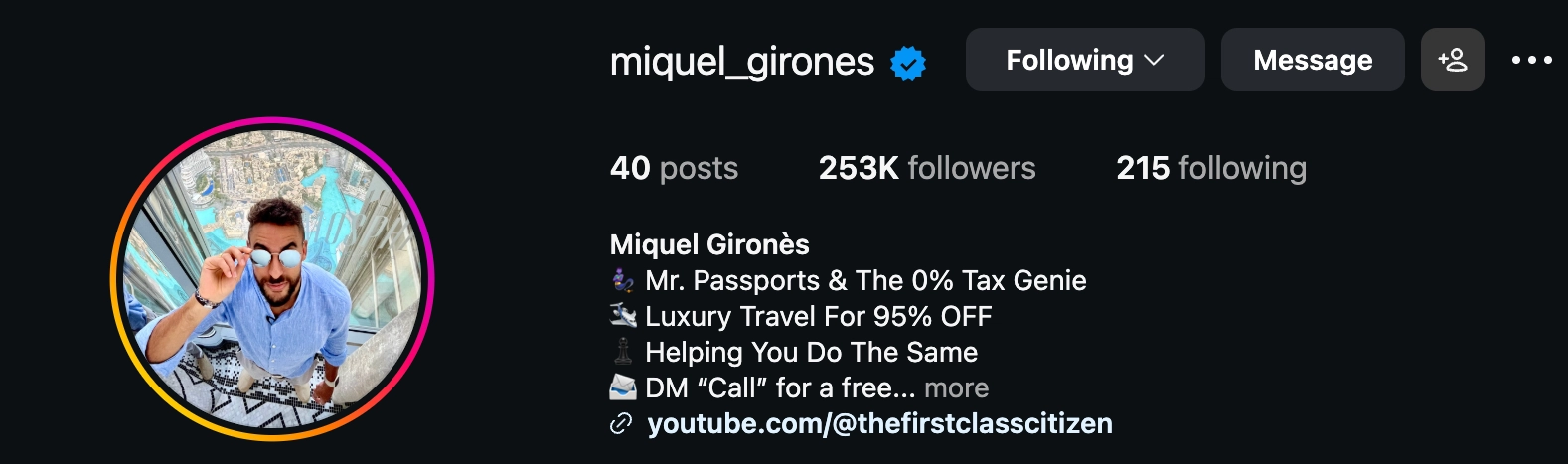 Instagram after: 40 posts, 253K followers, 215 following