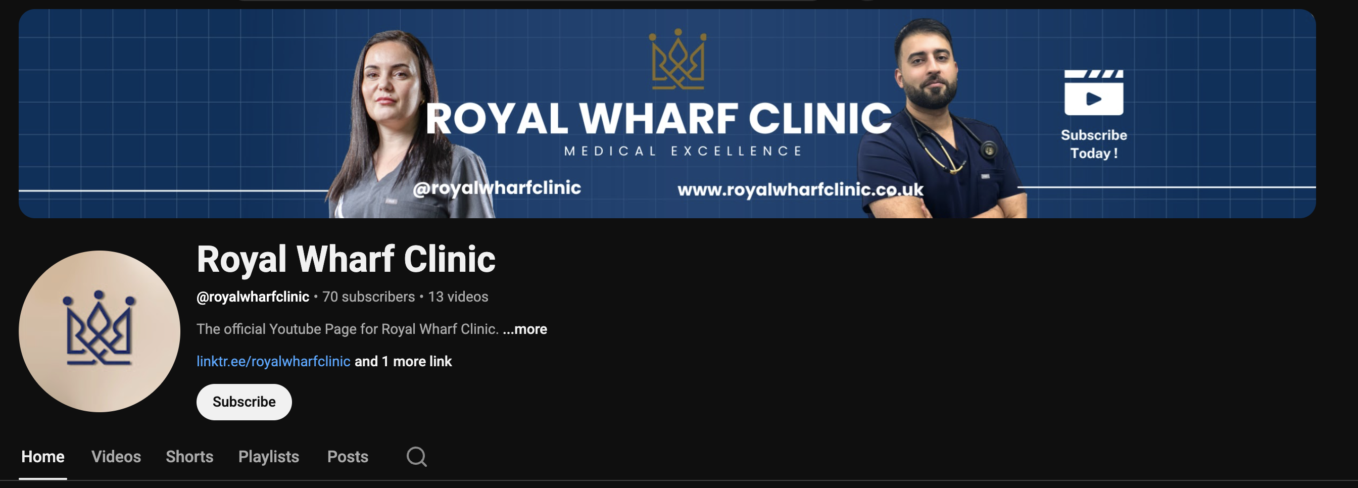 YouTube before: Royal Wharf Clinic 70 subscribers, 13 videos